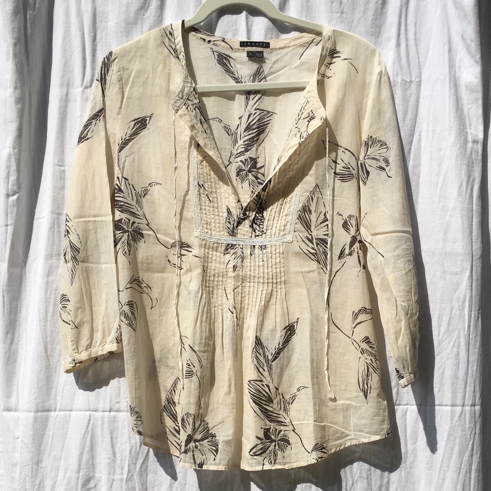 Semi-sheer Theory printed cotton peasant blouse L